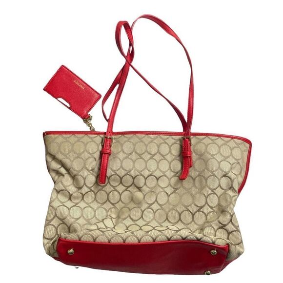 Nine West Beige Red Gold Studded Tote medium Shoulder Bag Circles Multi Pockets - Picture 12 of 13